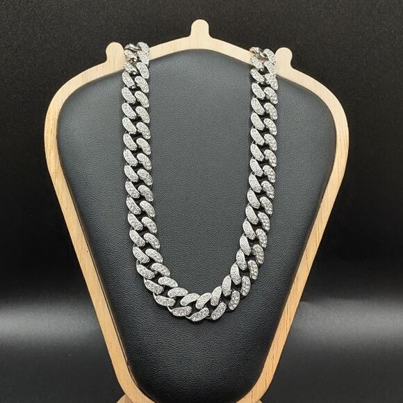 Silver Plated Necklace Miami Cuban Iced Out 12mm Chain CZ Diamonds Bling NEW!